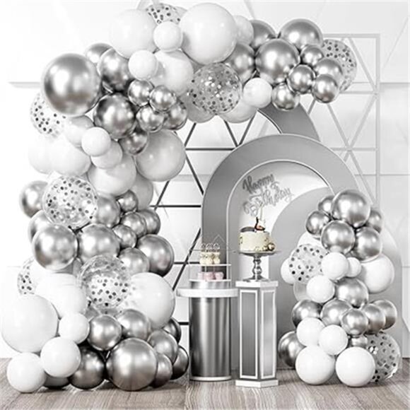 White Silver Balloon Garland Kit,100Pcs White Silver Metallic Chrome and Silver - Picture 7 of 7